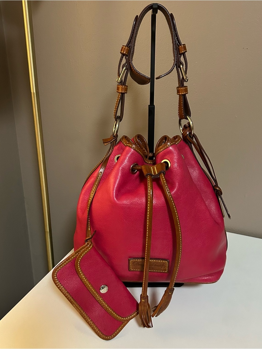 Dooney & Bourke Leather Drawstring Bucket Bag with Pouch in Fuschia Pink